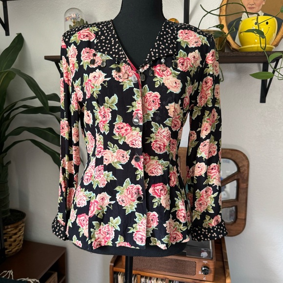 Vintage 90’s Carole Little Floral Beaded V-Neck Button Down Blouse - Picture 1 of 10